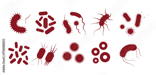 Collection of Diverse Microorganism and Bacteria Silhouettes in Red