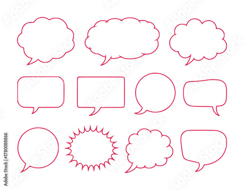 Collection of diverse red-outlined speech and thought bubbles on a white background