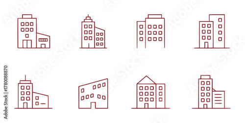 Collection of Simple Line Art Building Icons in Red Outline