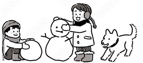 雪遊びする子供たちと犬のモノクロイラスト	

