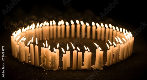 Group of candles forming circle in dark space