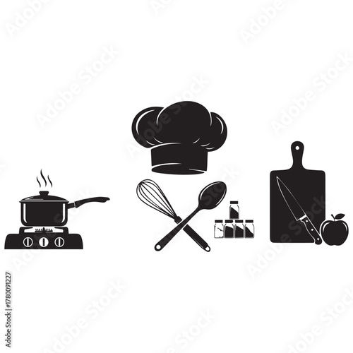 Culinary icons chef hat pot whisk cutting board and tomato