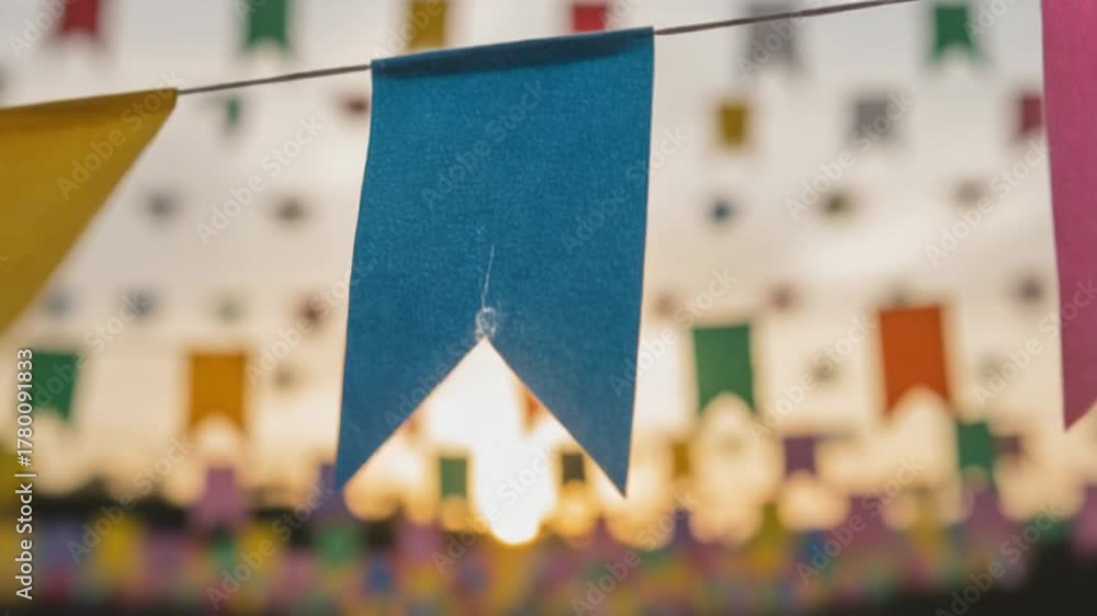 Close-up de bandeirinhas de papel de festa junina (amarela e azul) com fundo desfocado.