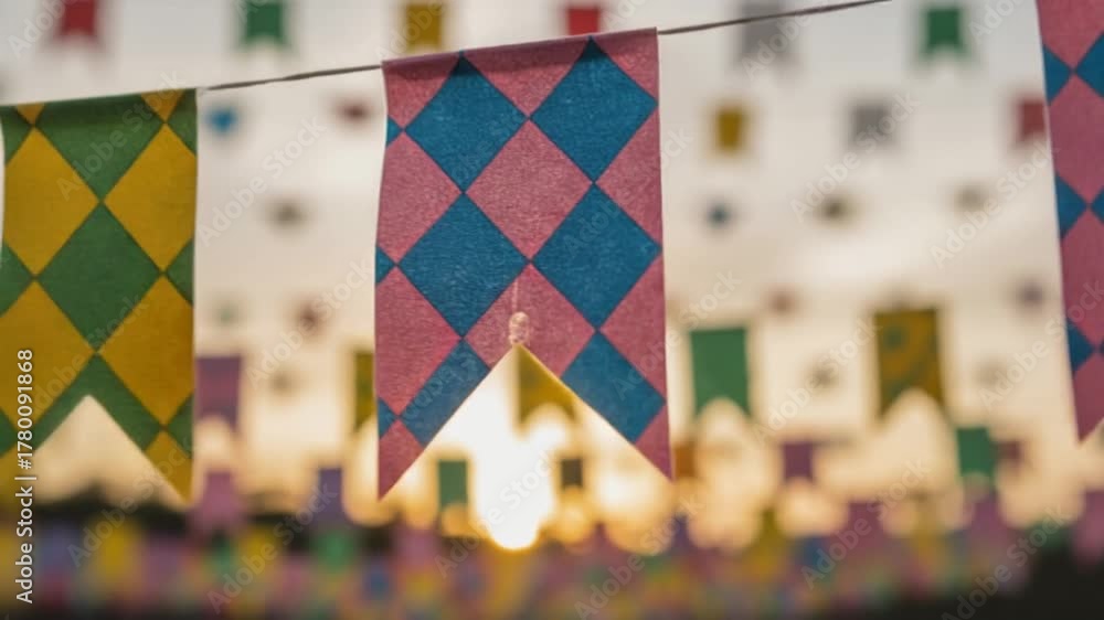 Close-up de bandeirinhas de festa junina com estampa xadrez (quadriculada) balançando.