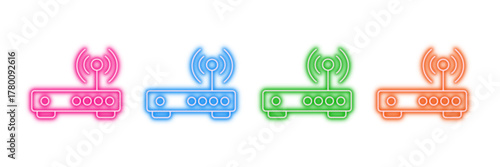 Neon glowing Wi Fi router vector icons set, wifi, internet, wireless, network, glowing, vibrant, digital, technology, communication, data transmission on transparent background.