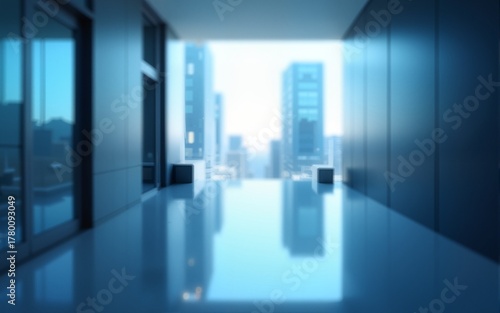 Abstract Blurred Glass Building Interior with Blue Light and Shadows, 3D Rendering Business Concept. High quality