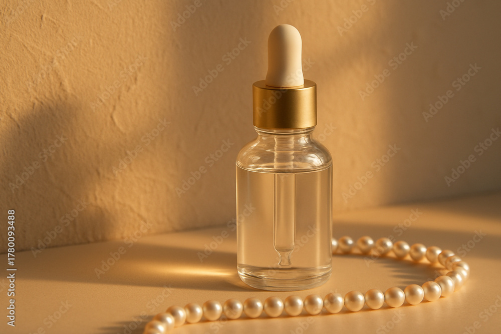 Naklejka premium Luxury Glass Serum Bottle Mockup with Pearls in Sunlight