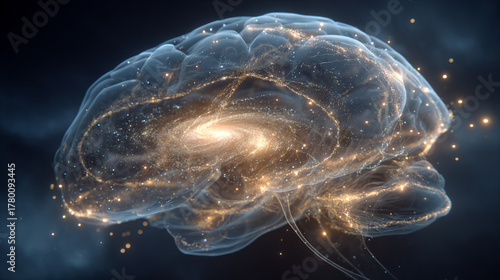 A transparent brain filled with galaxies forming inside synapses symbolizes cosmic intelligence imagination and the boundless connection between human thought and the universe