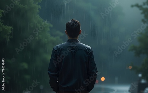 A man stands in the rain, looking up at the sky. Concept of solitude and introspection, as the man is alone in the rain, seemingly lost in thought. The raindrops falling on his head. High quality