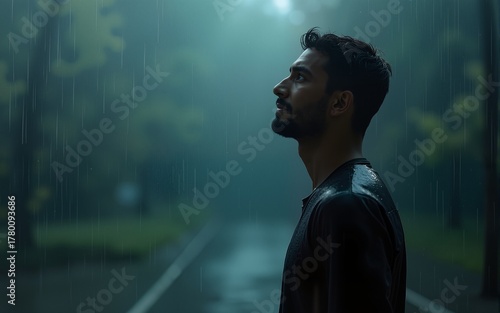 A man stands in the rain, looking up at the sky. Concept of solitude and introspection, as the man is alone in the rain, seemingly lost in thought. The raindrops falling on his head. High quality