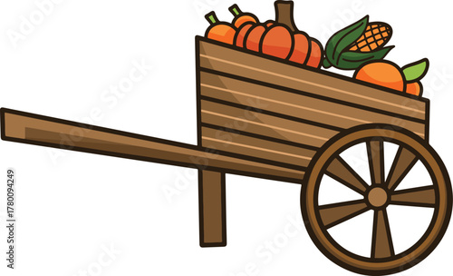 Wooden cart with pumpkins, corn and other vegetables