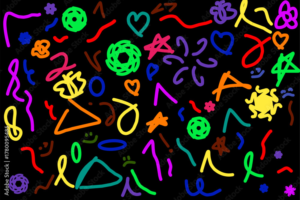 Obraz premium Abstract colorful background. Flowers, love, smiles, bubbles, stars, circles, waves. Vector illustration.