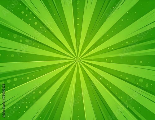 A vibrant, green radial design bursting outward from a central point, evoking a sense of energy and dynamism. Dots are subtly placed