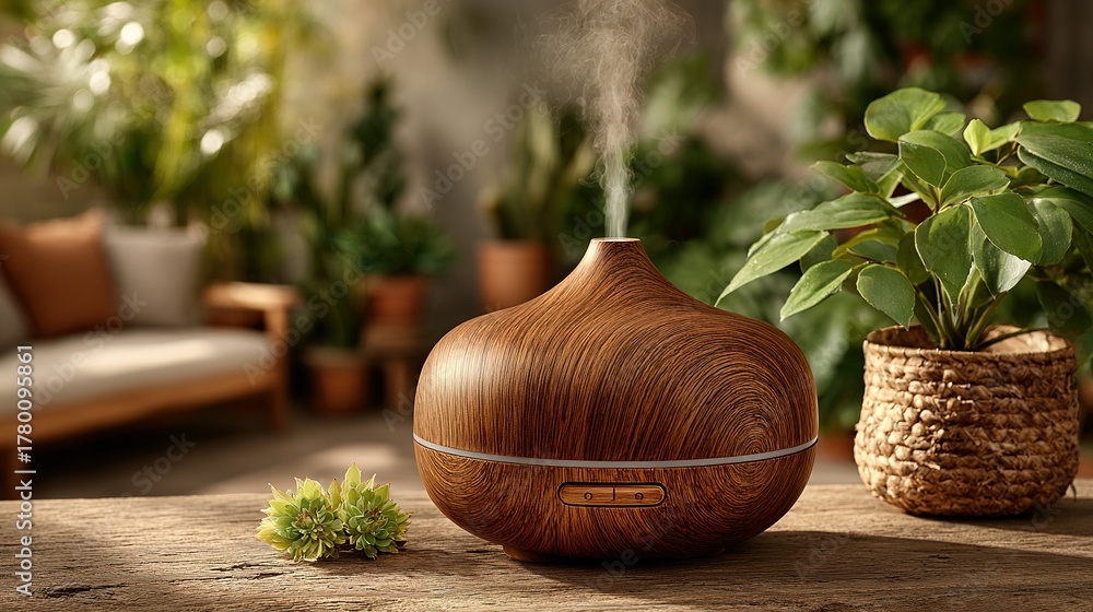 Fototapeta premium Wooden aromatherapy diffuser emits mist outdoors with plants and furniture in background.