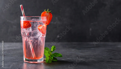 Refreshing strawberry and mint infused water with ice