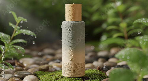 refreshing skincare bottle with water droplets in a natural setting