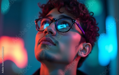 A close-up portrait of a young man looking up and through a glass window with neon lights reflecting in his glasses. High quality