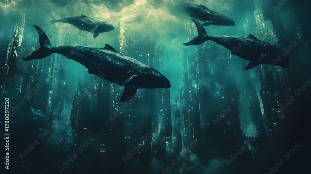 Obraz premium A surreal underwater scene with four whales swimming above a submerged city.