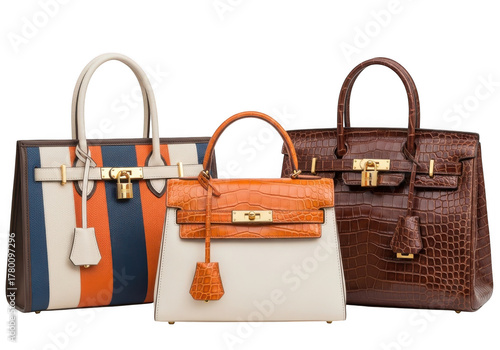 Collection of three luxury designer handbags, including a striped birkinstyle bag, an orange crocodile embossed bag, and a brown crocodilepatterned bag isolated on transparent background