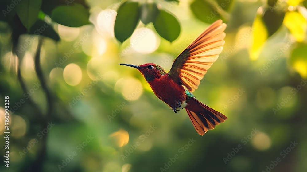 Obraz premium A vibrant red hummingbird with outstretched wings hovers in mid-flight, bathed in soft sunlight filtering through lush green foliage.