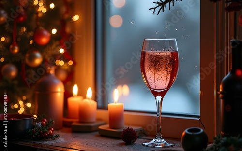 Garlands decoration on the window. New Year making glass. Look up at the top. High quality