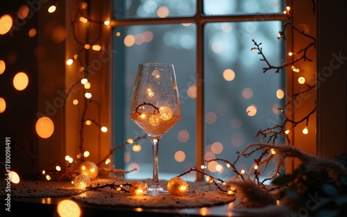 Garlands decoration on the window. New Year making glass. Look up at the top. High quality