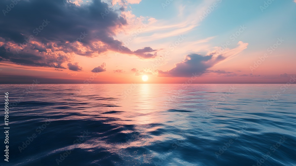 Obraz premium A vibrant sunset over a calm ocean with soft, pink, and orange hues reflecting on the water.