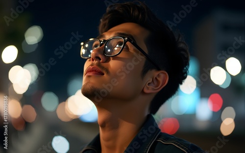 Portrait young man with glasses looking up at night with lights and blur background. High quality