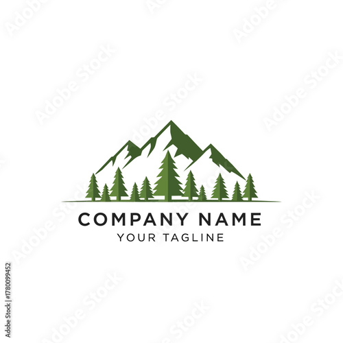 Mountain and pine forest logo design template for a company.