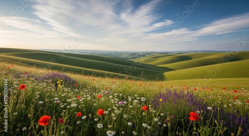 Fototapeta Naklejka Na Ścianę i Meble -  Blooming meadow with colorful wildflowers and blue sky
