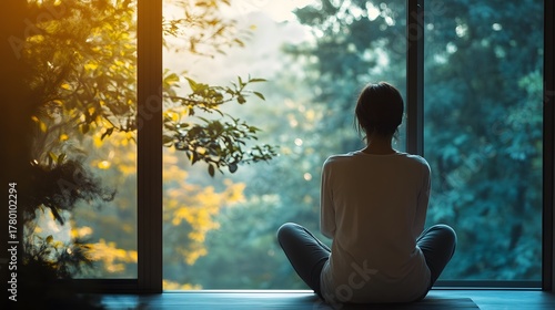 A woman sits in a yoga pose in front of a window, looking out at a forest. The sun shines through the trees, creating a warm glow.