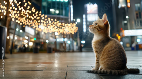 Fototapeta Naklejka Na Ścianę i Meble -  Peaceful street cat gazes at glowing lights in vibrant urban setting