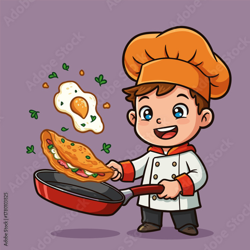 Happy cartoon chef flipping an omelet and sunny-side up egg in a frying pan.