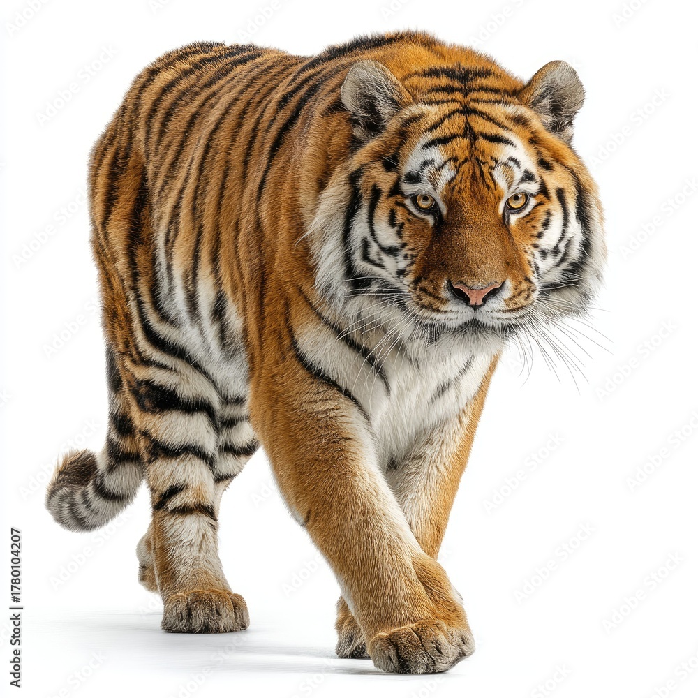 Obraz premium Hyperrealistic tiger walking in nature gigapixel image vibrant details outdoor environment close-up perspective