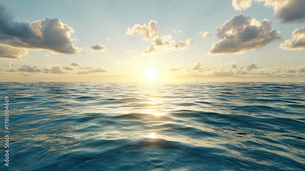 Obraz premium Serene ocean view with sunlight reflecting on water surface, creating tranquil atmosphere