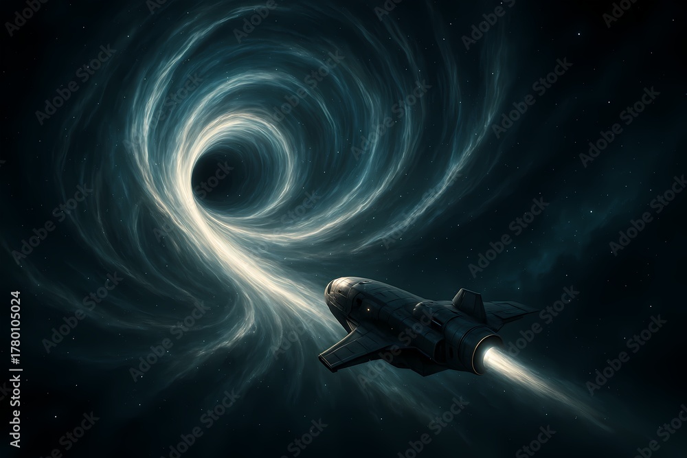 Obraz premium A spacecraft travels toward a swirling wormhole representing extra gravity and spacetime curvature, inspired by interstellar exploration and theoretical physics, symbolizing travel beyond dimensions.
