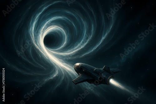 A spacecraft travels toward a swirling wormhole representing extra gravity and spacetime curvature, inspired by interstellar exploration and theoretical physics, symbolizing travel beyond dimensions.