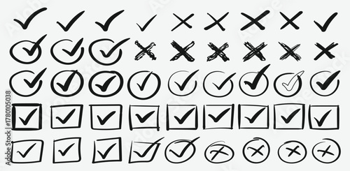Hand drawn check marks and cross icons set. Doodle checklist boxes, tick and X vote symbols, sketch style vector illustration.