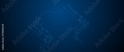 Circuit board frame with an empty place in the centre on a technology blue background.