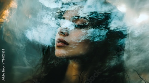 A woman's face is obscured by swirling clouds, creating a dreamy and ethereal effect.