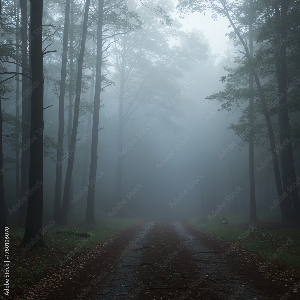 Naklejka premium Foggy forest road through tall trees