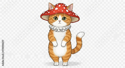 Whimsical Mushroom Cat Illustration - Cute Forest Feline Art