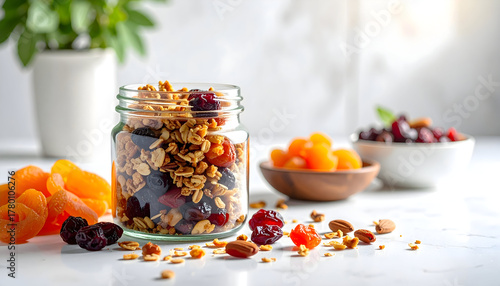 Fototapeta Naklejka Na Ścianę i Meble -  Jar of granola with dried fruits and nuts on a marble surface