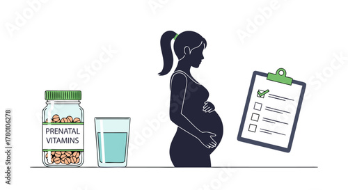 Prenatal Care Healthy Pregnancy with Vitamins, Water, and a Checklist for Expectant Mothers