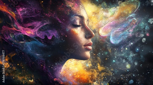 A woman's face is surrounded by colorful nebulae, symbolizing her connection to the cosmos.