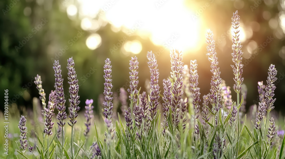 Obraz premium Lavender flowers blooming in sunlight create serene and peaceful atmosphere