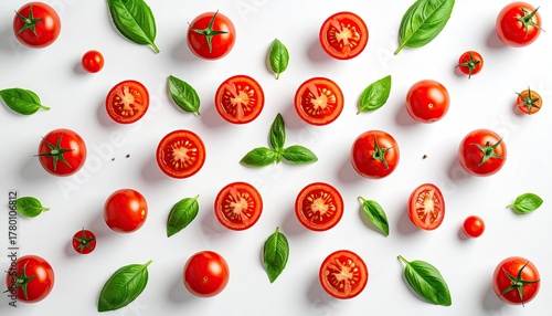 Fresh Red Tomatoes and Green Basil Leaves Arranged in a Pattern on a White Surface Illuminated by Soft Studio Light
