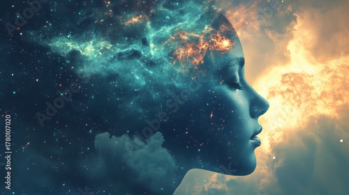 A woman's profile is silhouetted against a swirling galaxy, representing the vastness of the human mind.