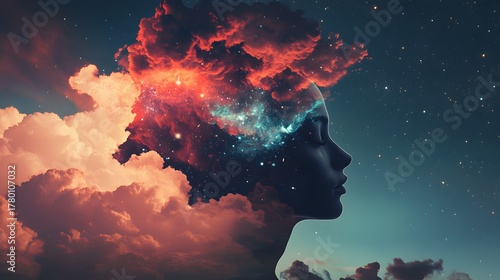 A woman's profile is silhouetted against a dark sky with clouds that are filled with a starry galaxy.