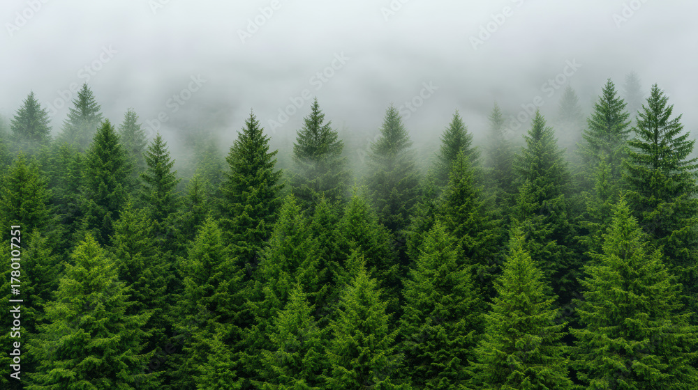 Fototapeta premium Lush green pine trees surrounded by morning fog create tranquil and serene atmosphere